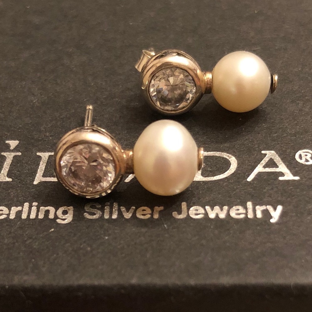 Rare Silpada Filigree Sterling Silver Pearl Cubic Zirconia Post Earrings P2118 - Picture 5 of 16